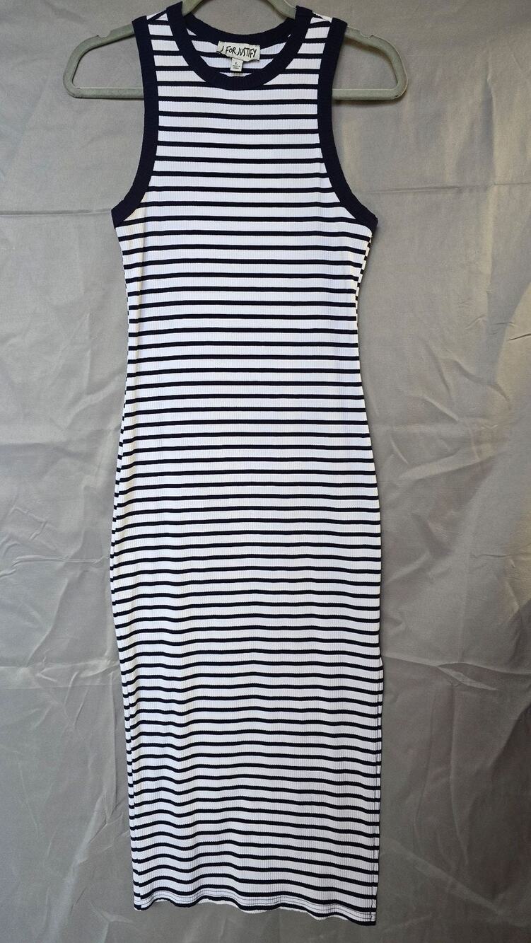 J FOR JUSTIFY Dress Juniors Large White Stripe Crew Neck Tank Bodycon Knit